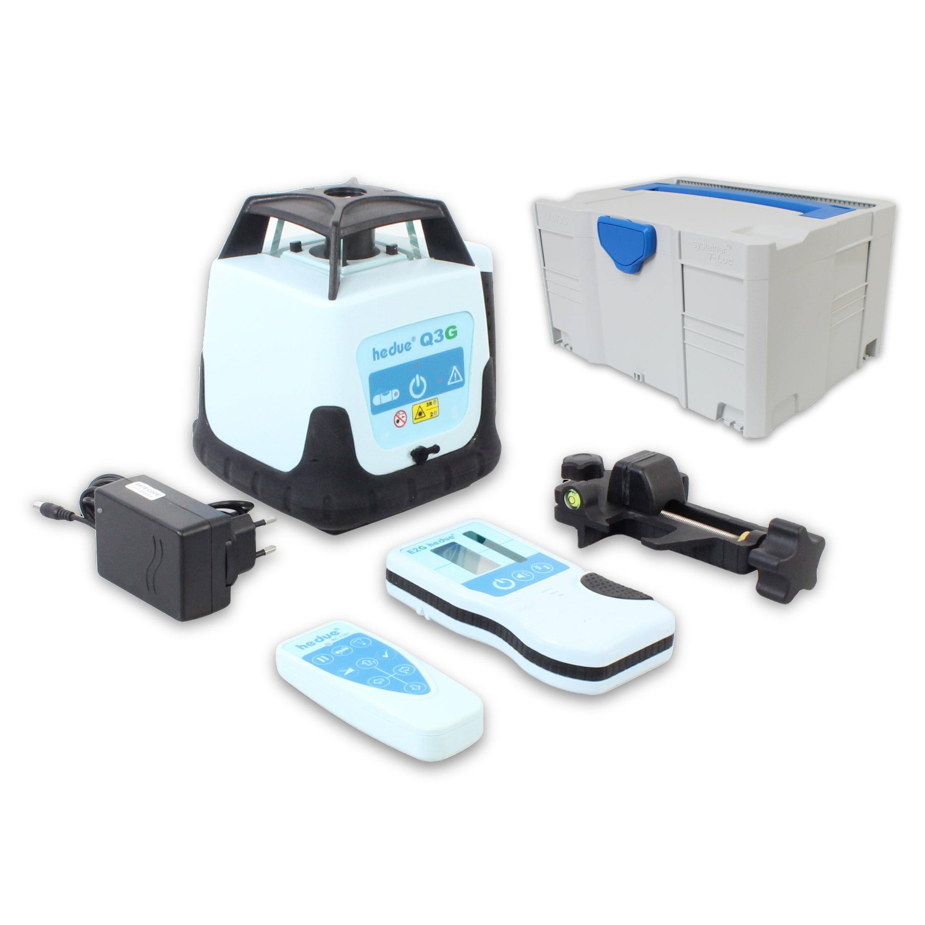 hedue® Q3G Rotationslaser - Grüner Baulaser mit zwei Laserklassen, Laserempfänger E2, Fernbedienung und Ladegerät-0