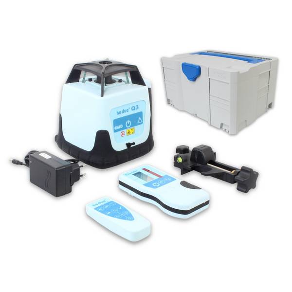 hedue® Rotationslaser Q3 - Baulaser mit zwei Laserklassen, Laserempfänger E2, Fernbedienung und Ladegerät, im Systainer