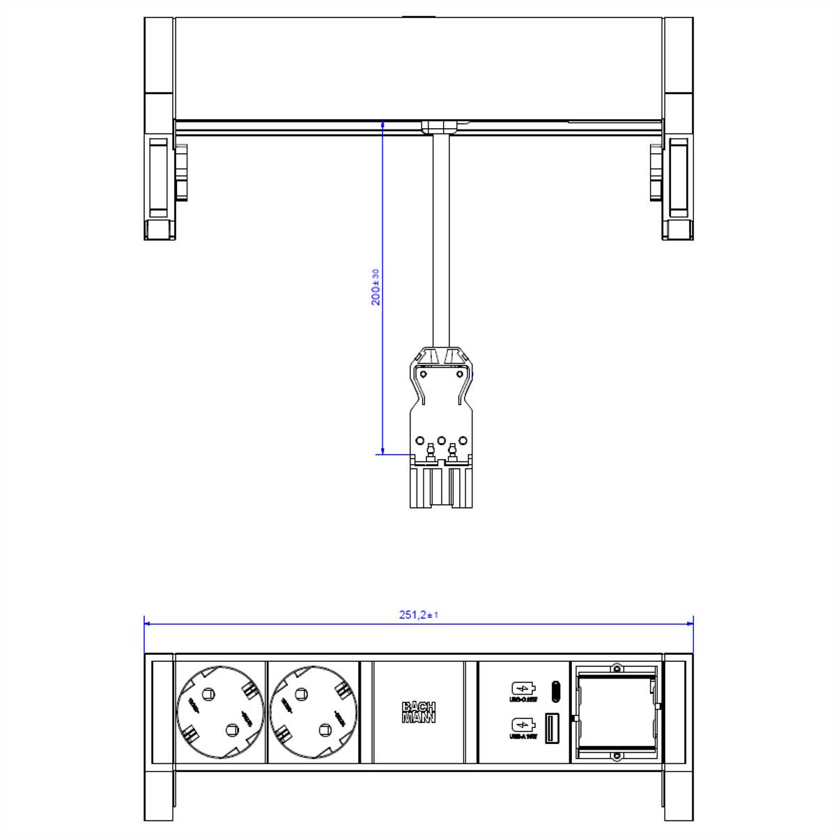 BACHMANN DESK2 ALU BLACK 2xSchutzkt.USB, USB Charger 22W A&C 1xABD 0,2m GST18-1