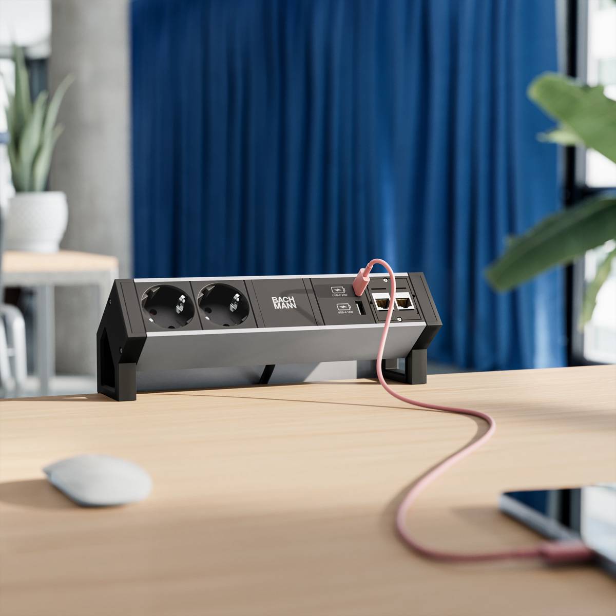 BACHMANN DESK2 ALU BLACK 2xSchutzkt.USB, USB Charger 22W A&C 1xABD 0,2m GST18-3