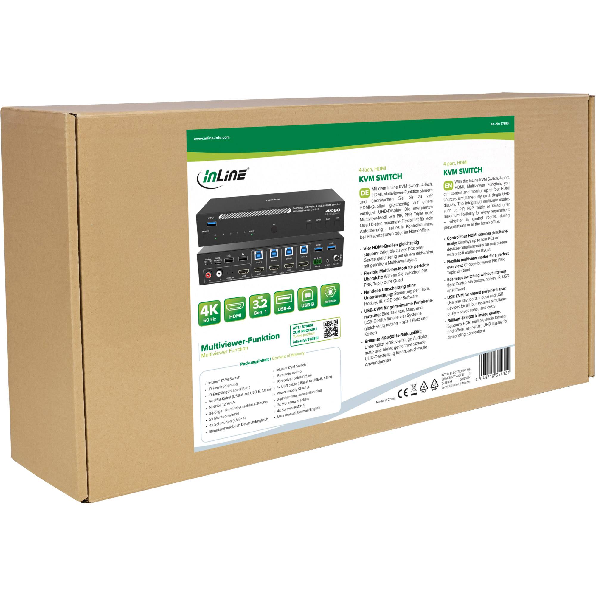 InLine® KVM Switch, 4-fach, HDMI, 4K60Hz, Multiviewer, USB Hub, schwarz Signalsteuerung KVM KVM-4