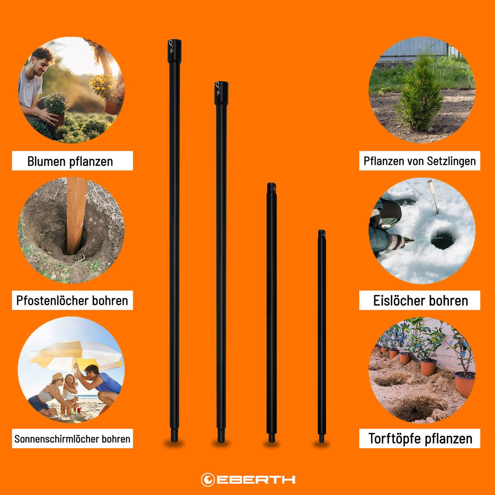EBERTH Verlängerung für Erdbohrer Set 4-tlg., Bohrerverlängerung Stahl, 400–1000mm, Ø20mm, Sicherungsbolzen-1