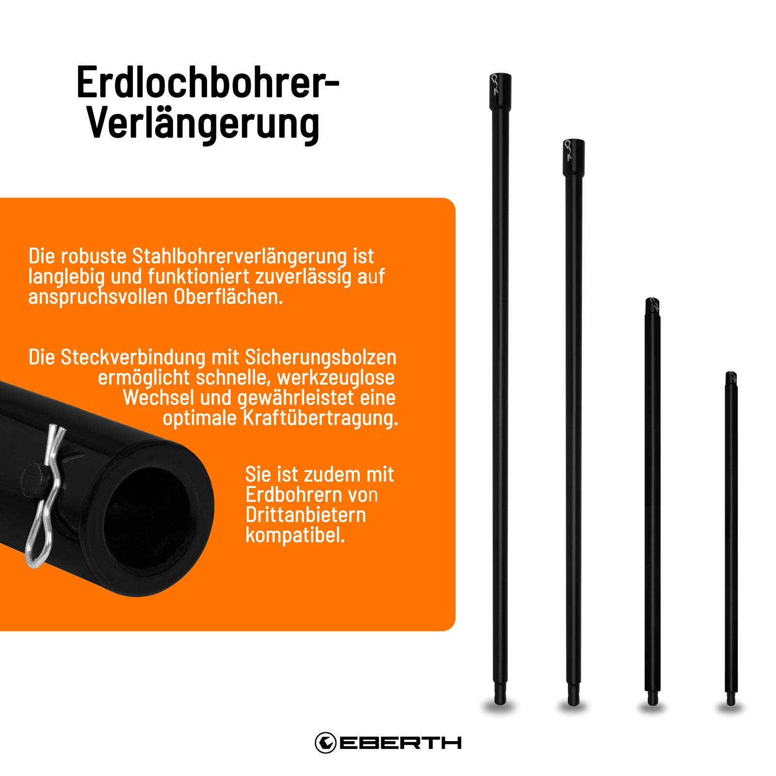 EBERTH Verlängerung für Erdbohrer Set 4-tlg., Bohrerverlängerung Stahl, 400–1000mm, Ø20mm, Sicherungsbolzen-4