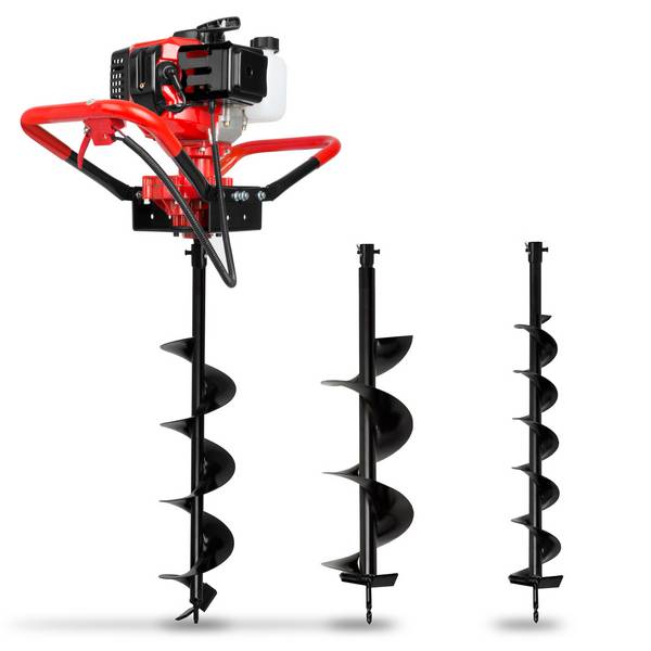 EBERTH Benzin Erdbohrer 3PS 52ccm, Gartenbohrer 2-Takt mit 3 Bohrern Ø100/150/200mm, Fliehkraftkupplung