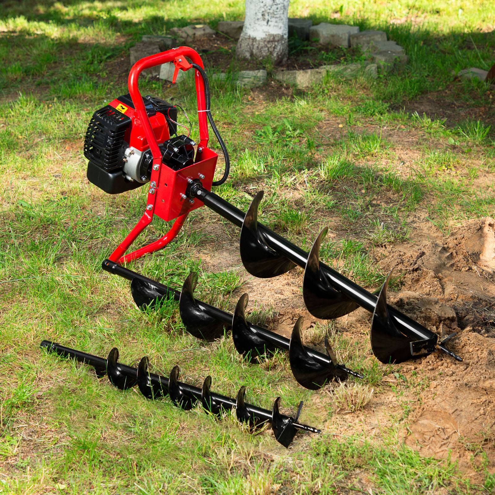 EBERTH Benzin Erdbohrer 3PS 52ccm, Gartenbohrer 2-Takt mit 3 Bohrern Ø100/150/200mm, Fliehkraftkupplung-1