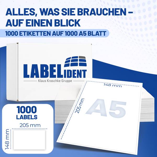 Labelident Versandetiketten A5, 205 x 148 mm, 1.000 Stück, 1.000 Blatt