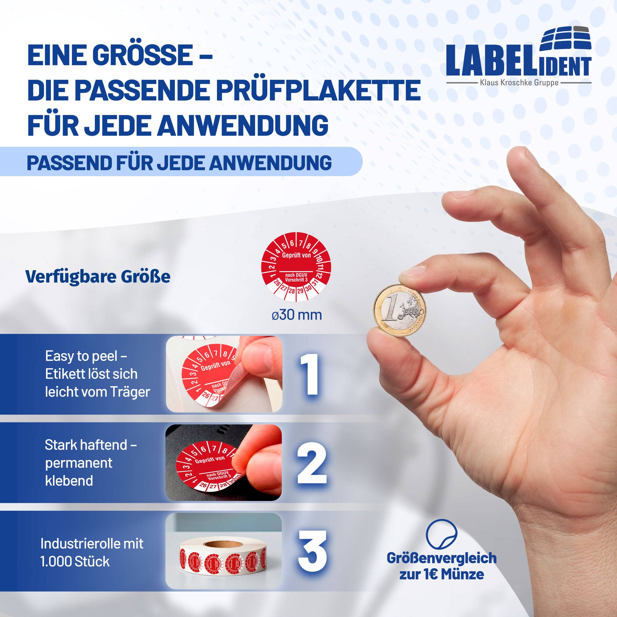Labelident Prüfplaketten Geprüft von- nach DGUV V 3, Ø 30 mm, 1.000 Etiketten-3
