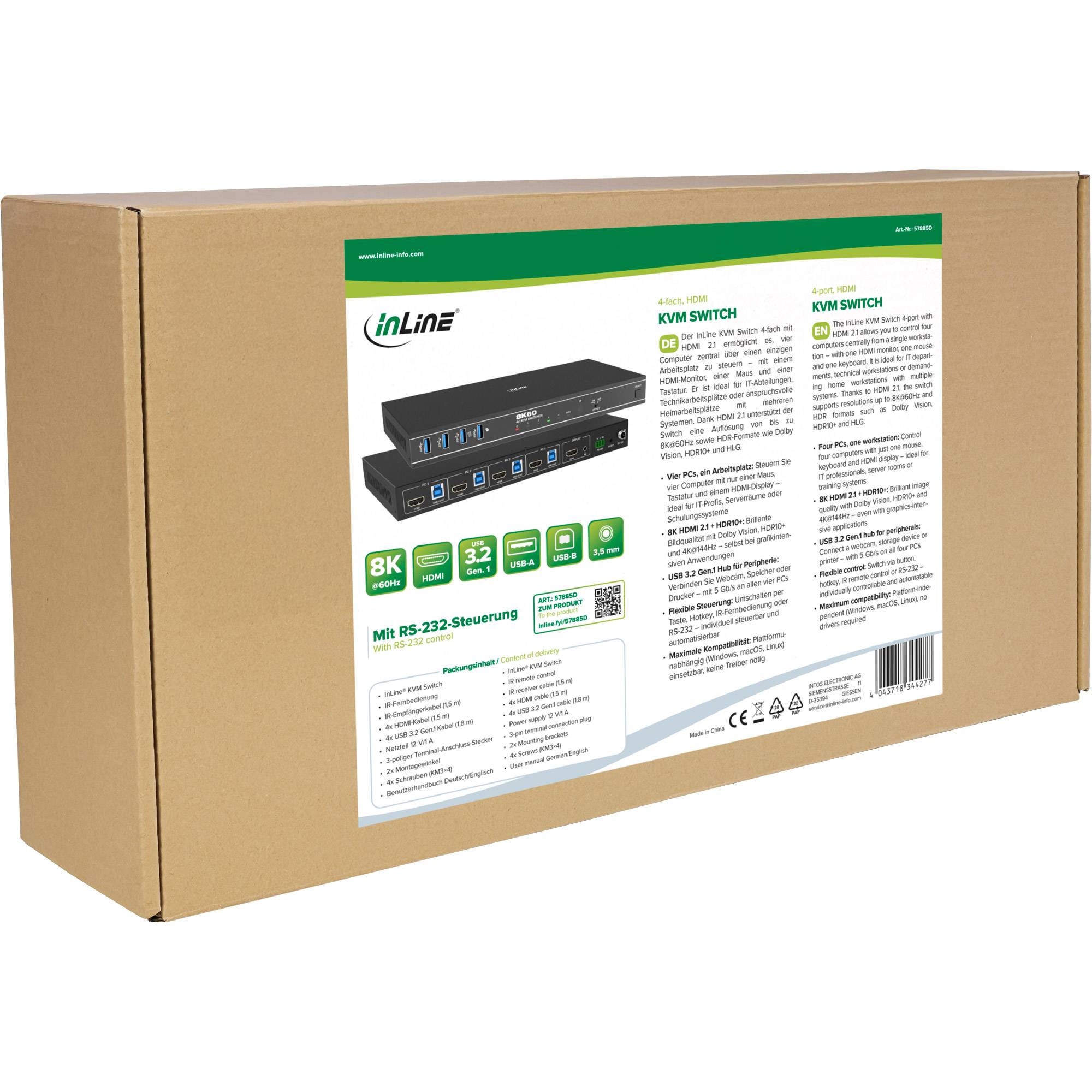 InLine® KVM Switch, 4-fach, HDMI, 8K@60Hz, USB 3.2, mit IR & RS-232 Signalsteuerung KVM KVM-4