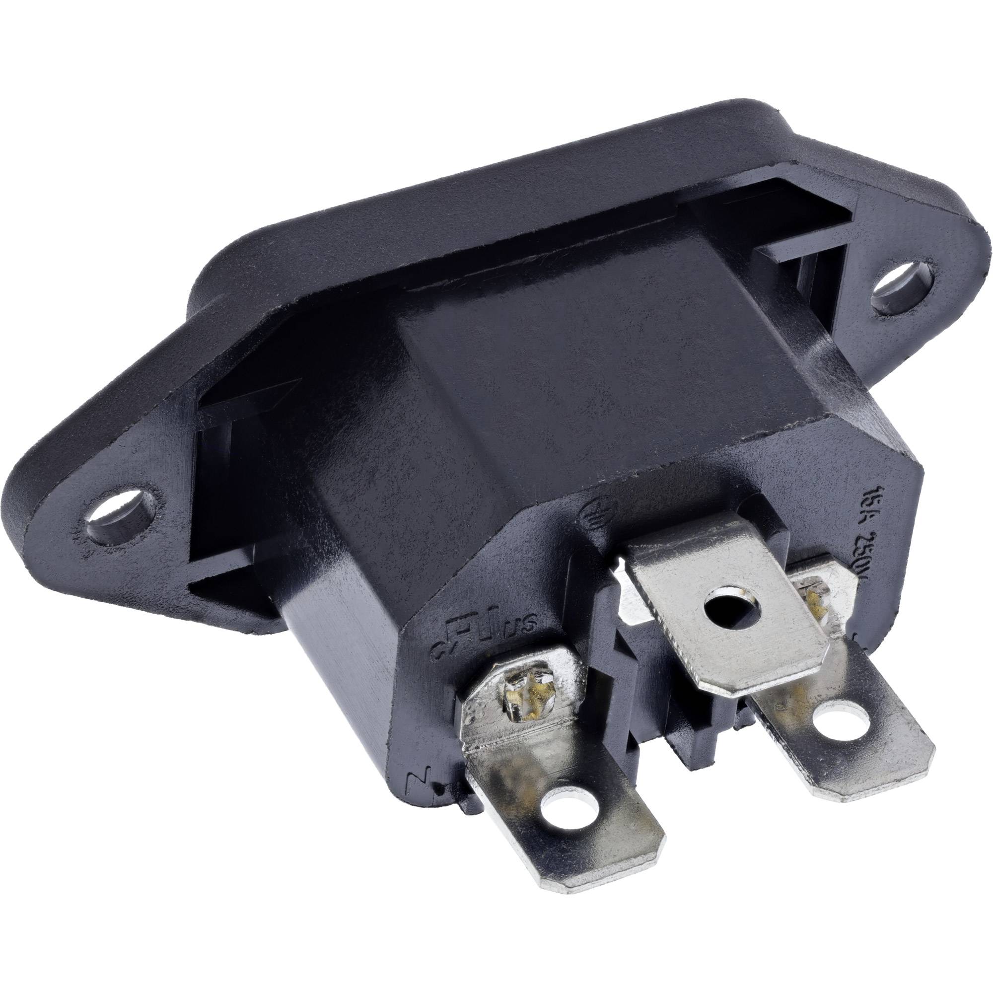 InLine® Kaltgeräte Einbaubuchse IEC-C14, schwarz, mit 6,3mm Steckfahne Adapter / Konverter DC- /-1