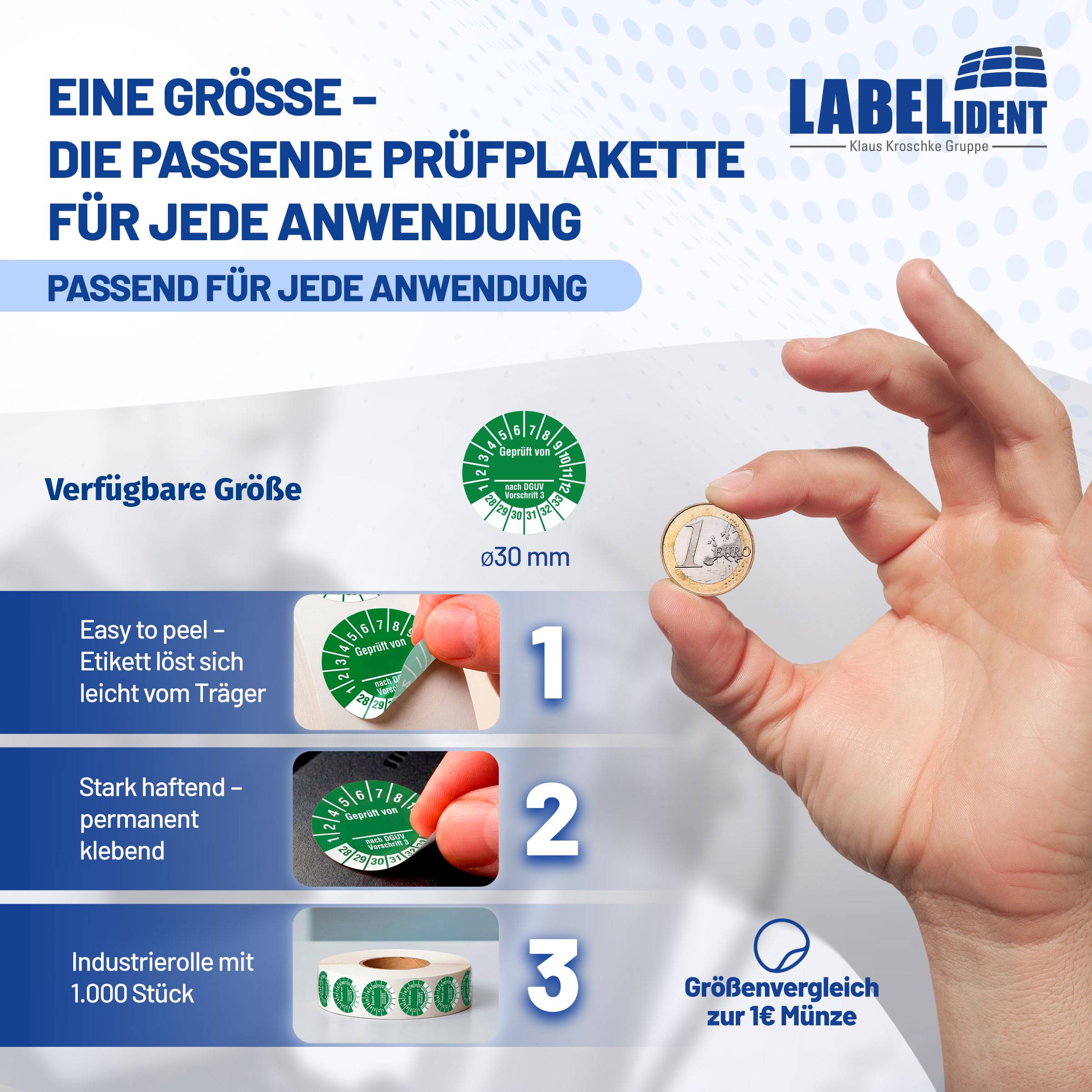 Labelident Prüfplaketten Geprüft von- nach DGUV V 3, Ø 30 mm, 1.000 Etiketten-3