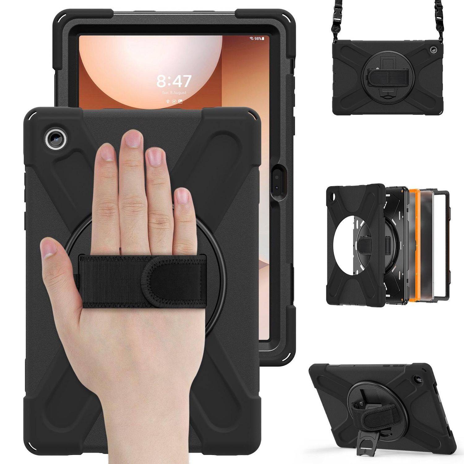Für Samsung Galaxy Tab A11 Plus Hülle Halter & Schultergurt Schwarz-1