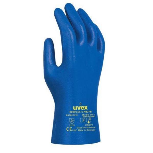 uvex Chemikalienschutzhandschuhe Rubiflex S NB27B, Größe 9, Stulpe 27 cm, blau, 10 Paar