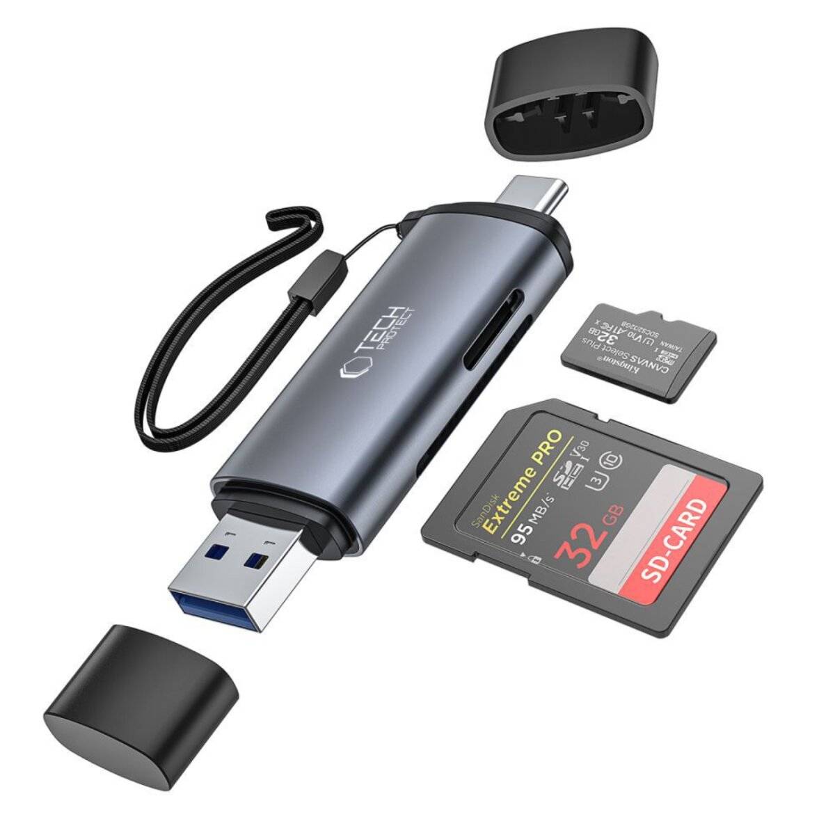 Tech-Protect UltraBoost SD-/Micro-SD-Kartenleser mit USB-C-/USB-A-Anschlüssen – Grau-0