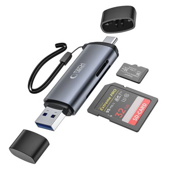 Tech-Protect UltraBoost SD-/Micro-SD-Kartenleser mit USB-C-/USB-A-Anschlüssen – Grau
