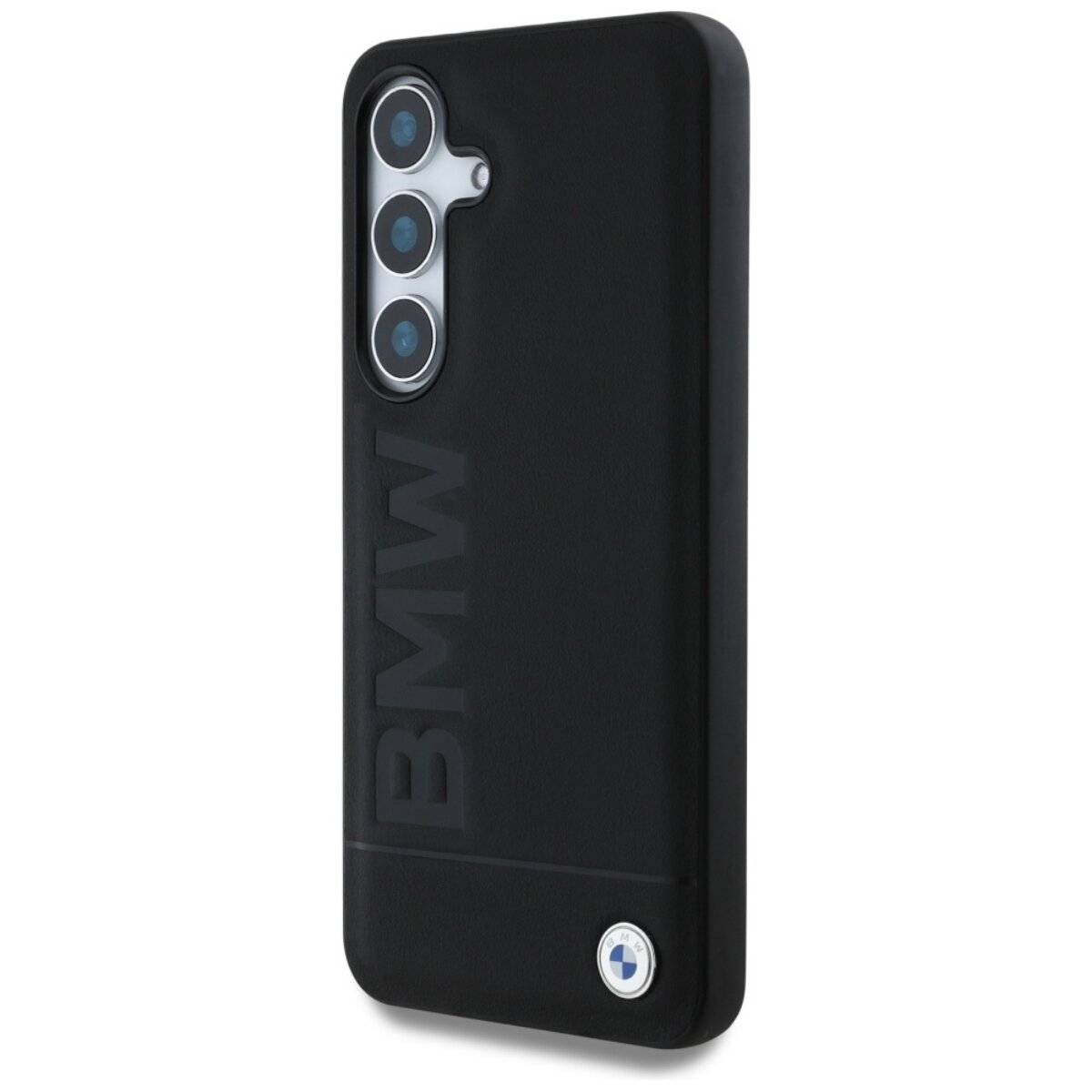 BMW Leder- Handyhülle großer Wordmark kompatibel mit Samsung S25 – Schwarz-1