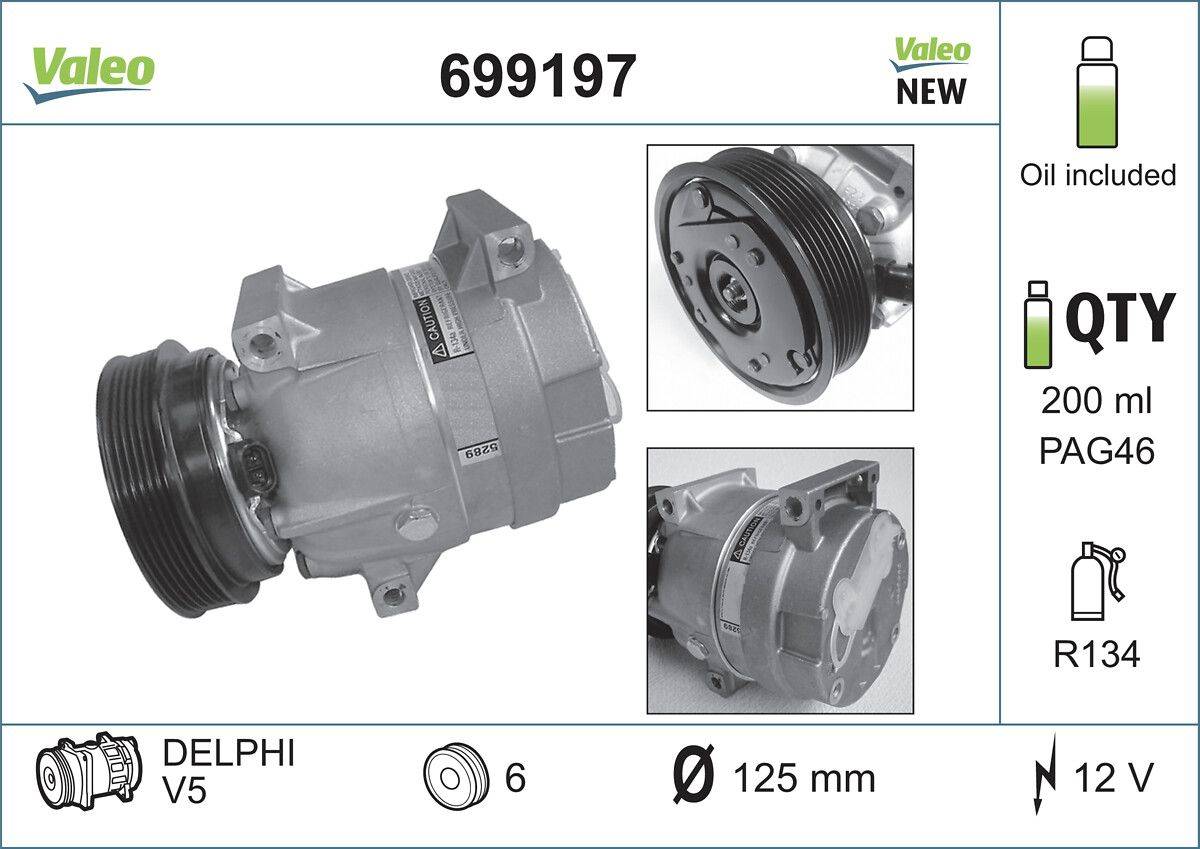 Klimakompressor 12 V R 134a Ø 125 mm VALEO für u.a. RENAULT SCÉNIC-0