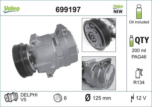 Klimakompressor 12 V R 134a Ø 125 mm VALEO für u.a. RENAULT SCÉNIC