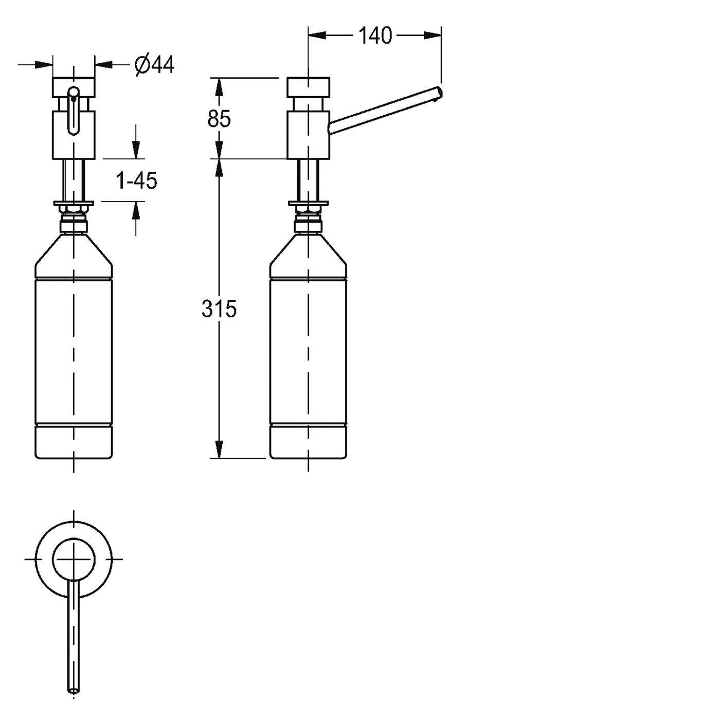 KWC Seifenspender für. Waschtischeinbau, 1 L-flasche, Ausladung 140 mm-1