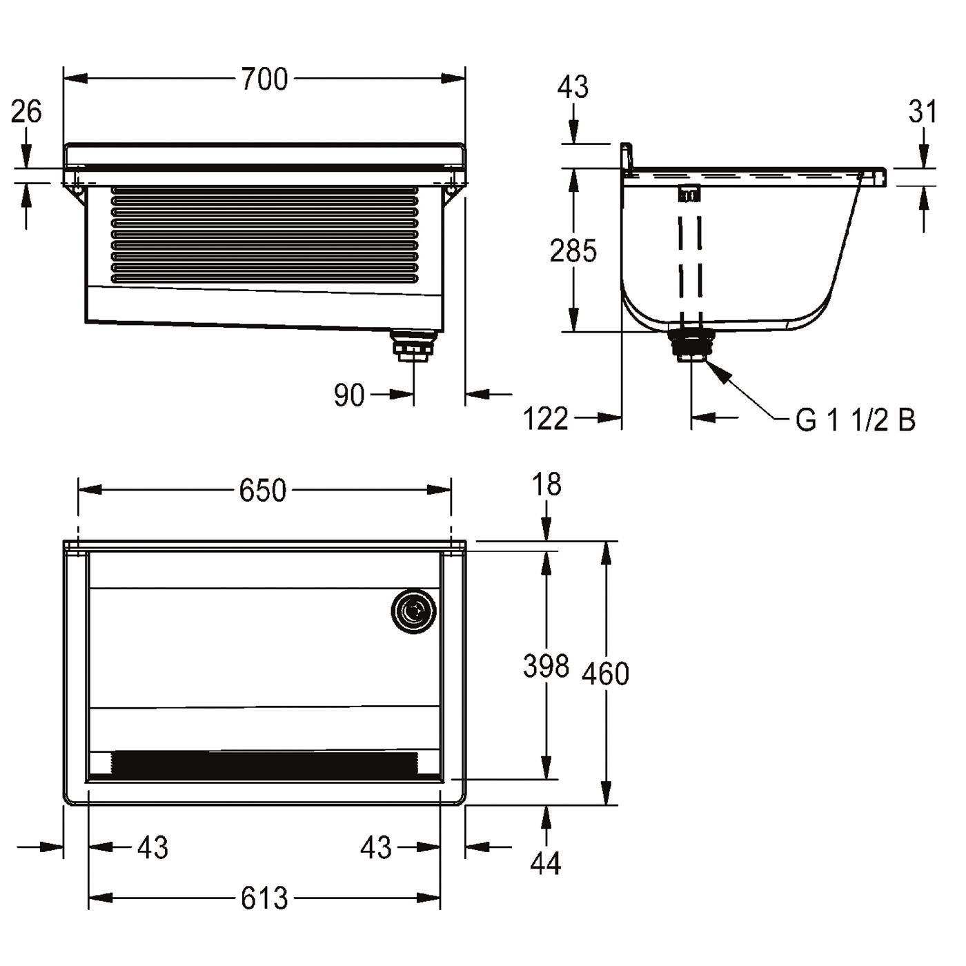 KWC Waschtrog, SIRIUS, Edelstahl, 700x328x460 mm, Ablauf Rechts-1