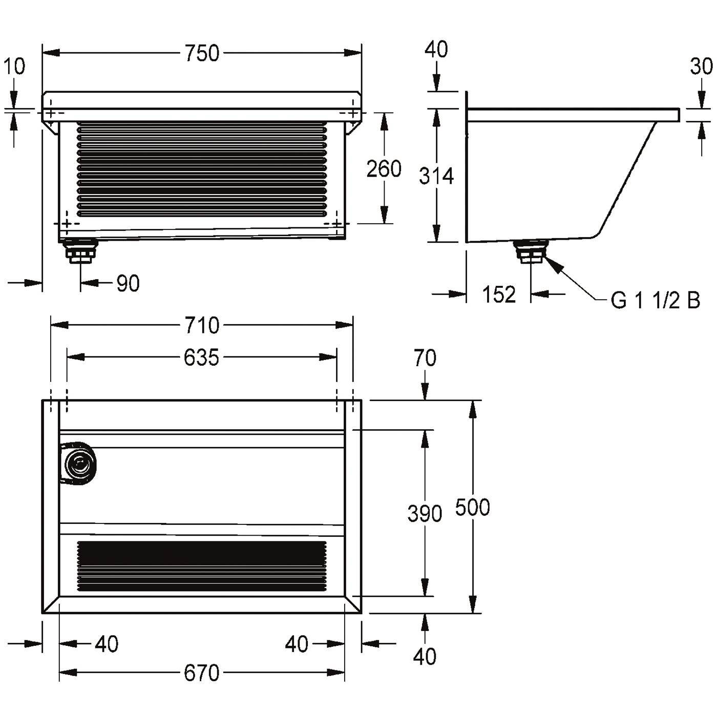 KWC Waschtrog, SIRIUS, Chromstahl, 750x354x500 mm, Ablauf Links-1
