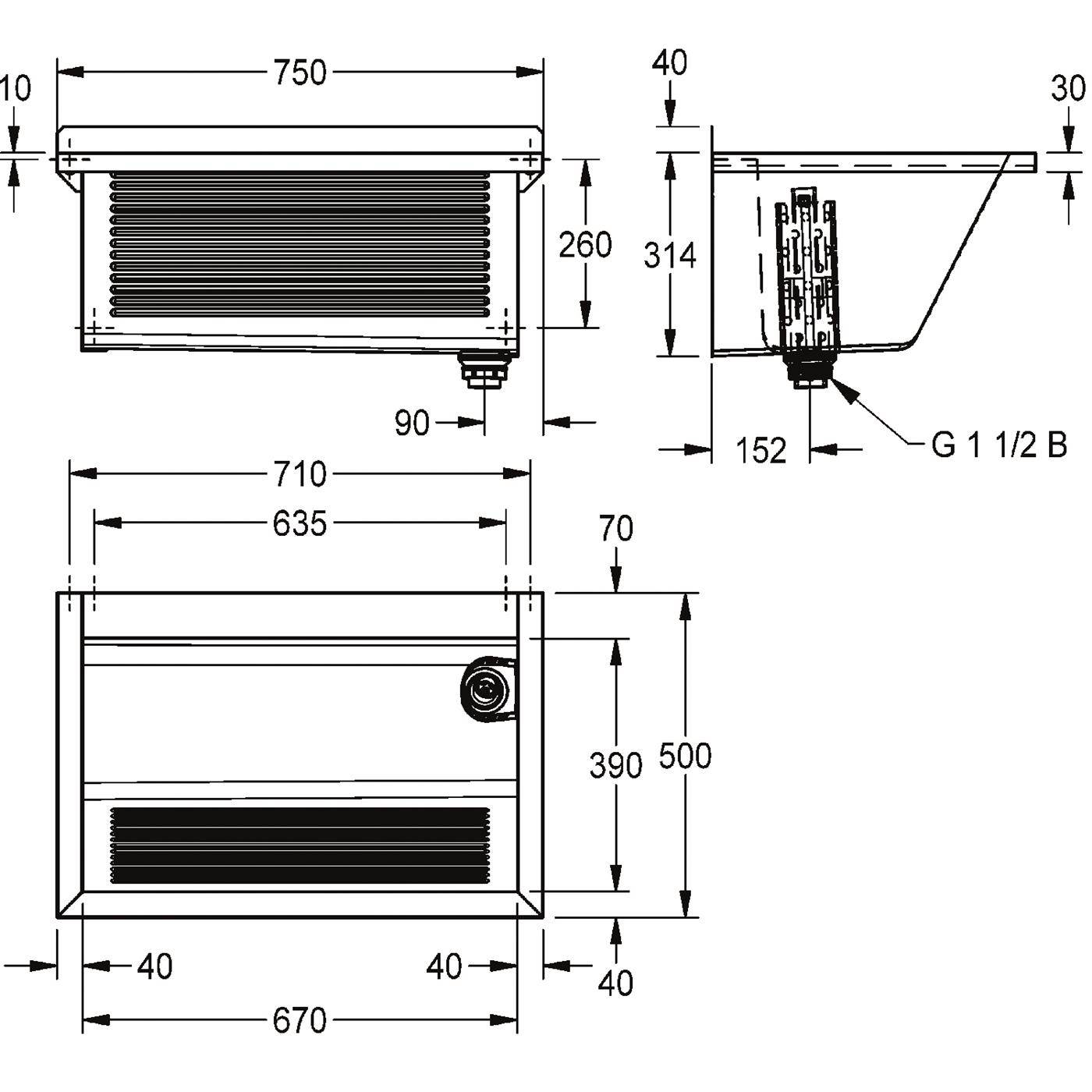 KWC Waschtrog, SIRIUS, Chromstahl, 750x354x500 mm, Ablauf Rechts-1