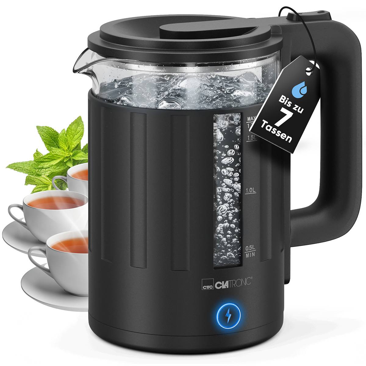 Wasserkocher WK 3837 1.7 Liter schwarz wärmeisolierter Glasbehälter 360 Grad-0