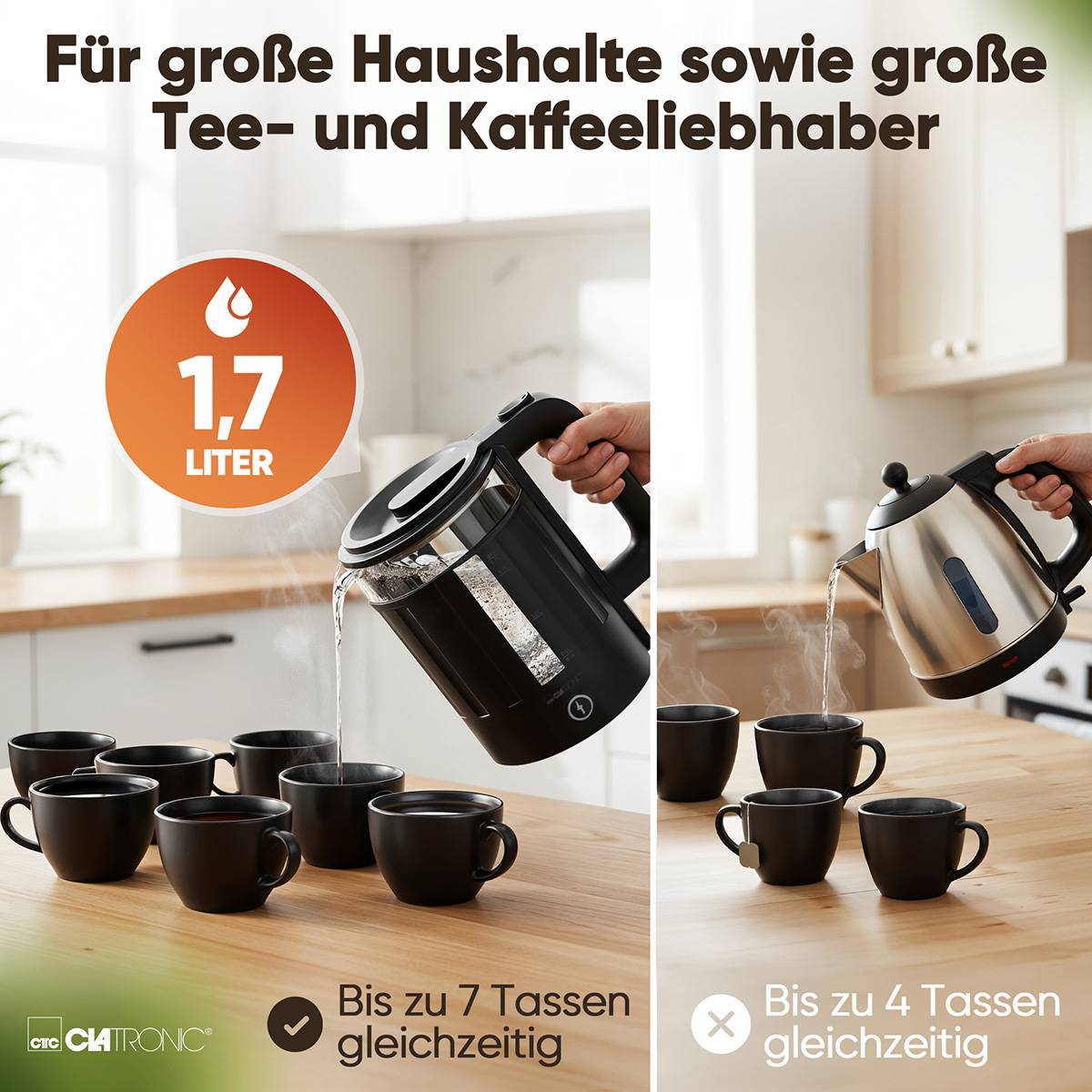 Wasserkocher WK 3837 1.7 Liter schwarz wärmeisolierter Glasbehälter 360 Grad-1
