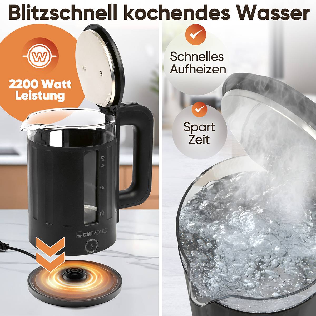 Wasserkocher WK 3837 1.7 Liter schwarz wärmeisolierter Glasbehälter 360 Grad-3