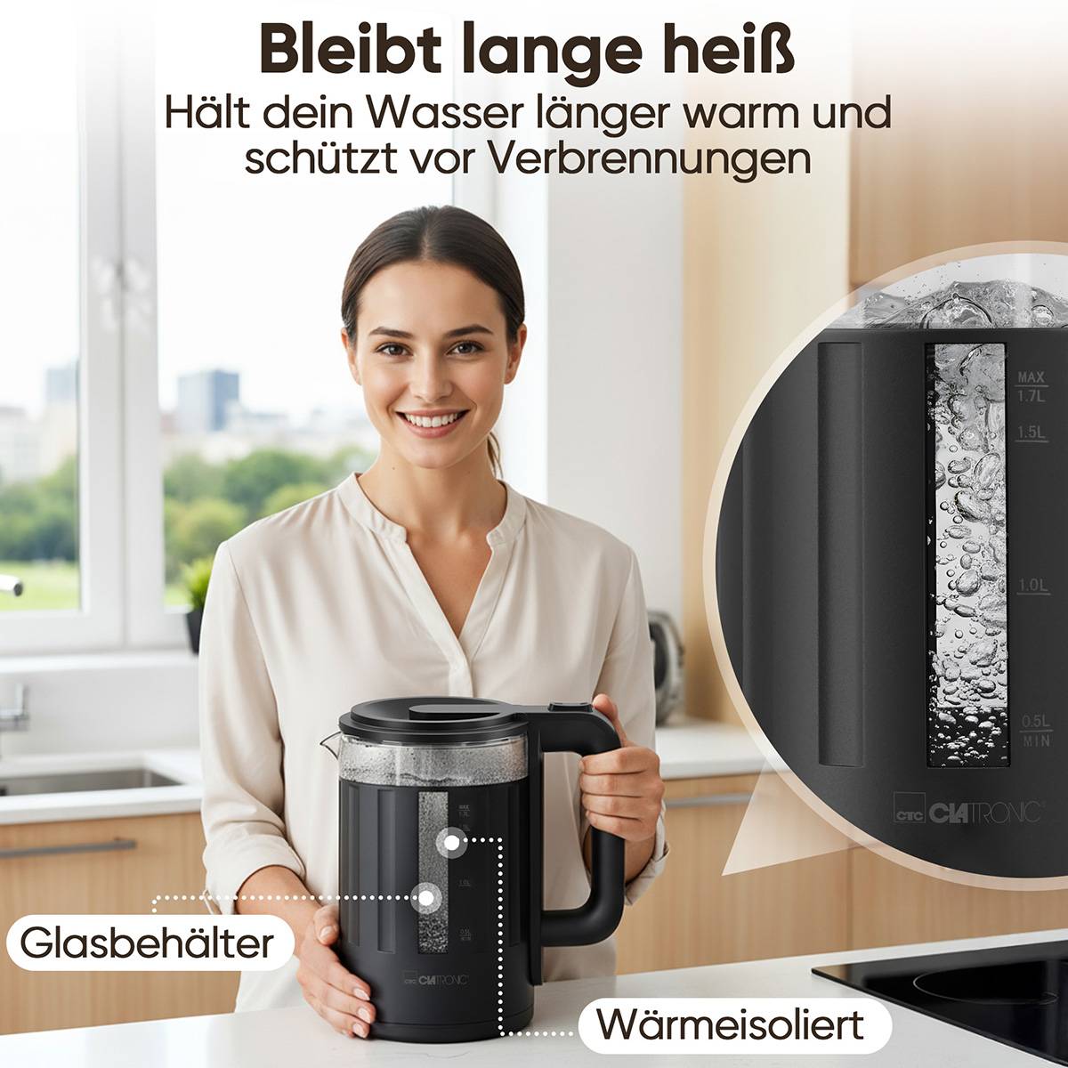 Wasserkocher WK 3837 1.7 Liter schwarz wärmeisolierter Glasbehälter 360 Grad-4