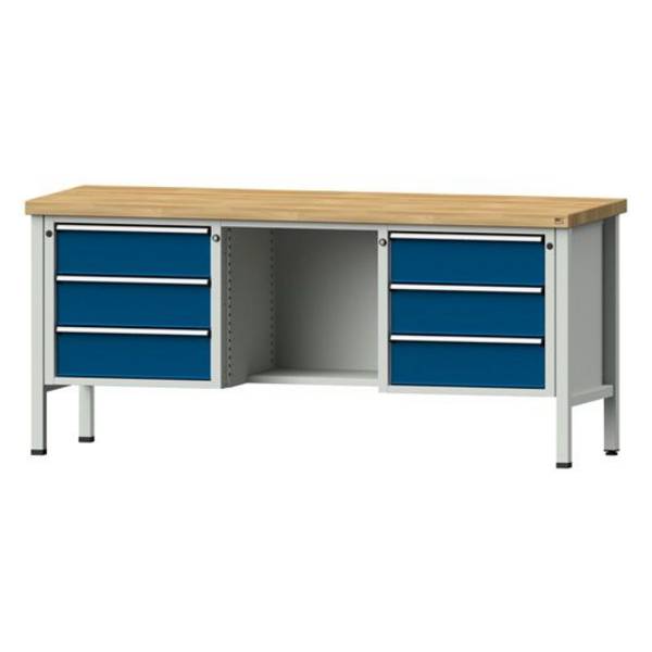 ANKE Kastenwerkbank Modell 320 V, 2000x700x890, Buche massiv, 6 Schubladen, offenes Fach, blau