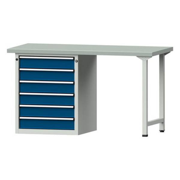 ANKE Kombiwerkbank Modell 813 V, 1500x700x840mm, Stahlplatte, Sockelschrank, 6 Schubladen, blau