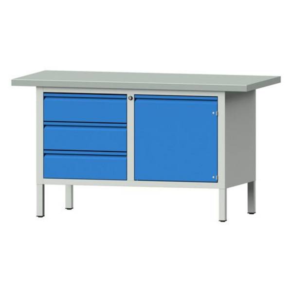 ANKE Kastenwerkbank Modell 106 E, 1500x700x840, Stahlplatte, 3 Schubladen, 1 Tür, blau
