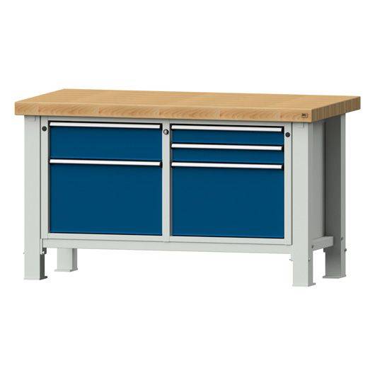ANKE Schwerlastwerkbank Modell 230 VS, Buche, 1500x800x865 mm, 5 Schubladen, offenes Fach, blau-0