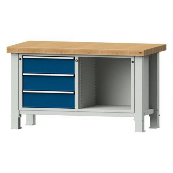 ANKE Schwerlastwerkbank Modell 103 VS, Buche, 1500x800x865, 3 Schubladen, offenes Fach, blau