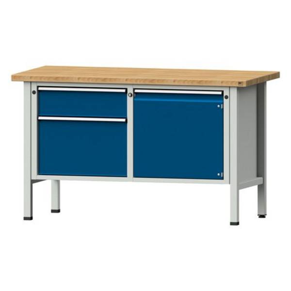 ANKE Kastenwerkbank Modell 232 V, 1500x700x890, Buche massiv, 2 Schubladen, 1 Tür, blau