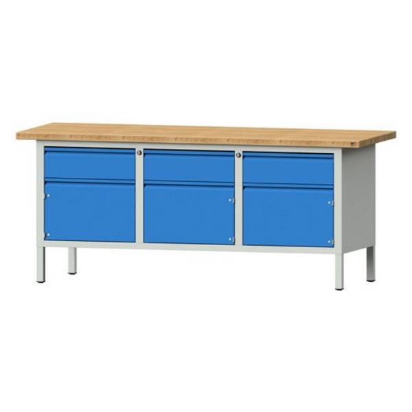 ANKE Kastenwerkbank Modell 123 E, 2000x700x840, Buche massiv, 3 Schubladen, 3 Türen, blau
