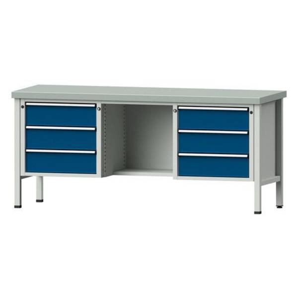 ANKE Kastenwerkbank Modell 320 V, 2000x700x890, Stahlplatte, 6 Schubladen, offenes Fach, blau