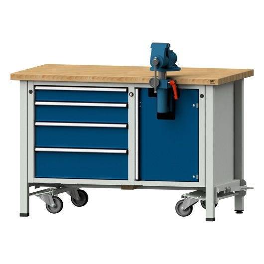 ANKE Montagewerkbank Modell 707 V, 1270x700x840, Buche massiv, Schraubstock, fahrbar, 4 Schubladen-0