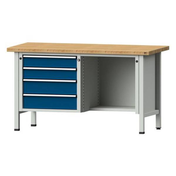 ANKE Kastenwerkbank Modell 347 V, 1500x700x840, Buche massiv, 4 Schubladen, offenes Fach, blau