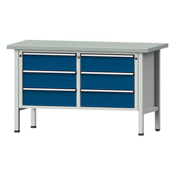 ANKE Kastenwerkbank Modell 108 V, 1500x700x890, Stahlplatte, 6 Schubladen, blau