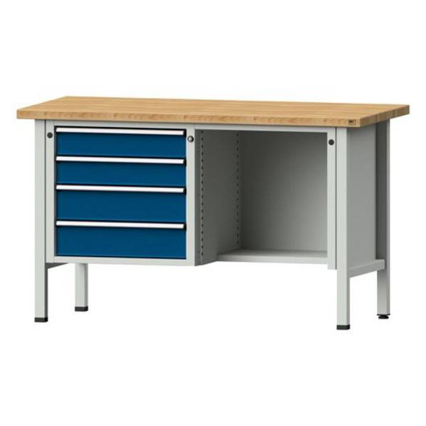 ANKE Kastenwerkbank Modell 347 V, 1500x700x890, Buche massiv, 4 Schubladen, offenes Fach, blau