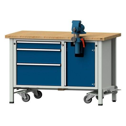 ANKE Montagewerkbank Modell 704 V, 1270x700x840, Buche massiv, Schraubstock, fahrbar, 3 Schubladen-0