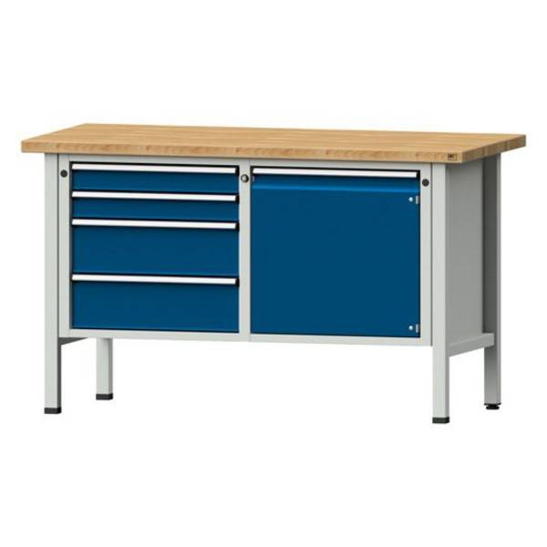 ANKE Kastenwerkbank Modell 131 V, 1500x700x890, Buche massiv, 4 Schubladen, 1 Tür, blau