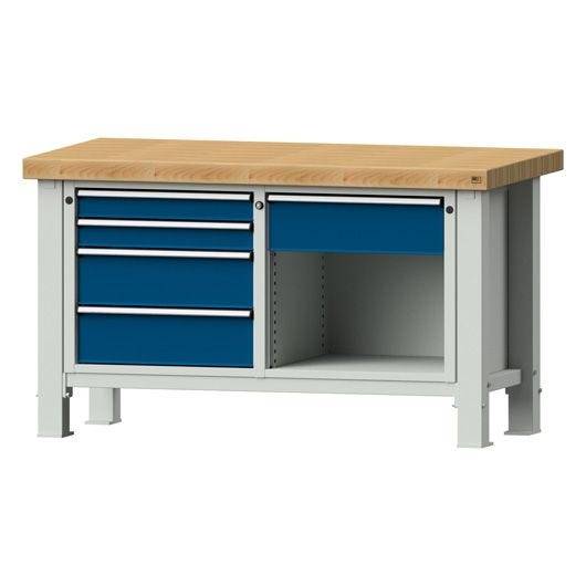 ANKE Schwerlastwerkbank Modell 118 VS, Buche, 1500x800x865 mm, 5 Schubladen, offenes Fach, blau-0