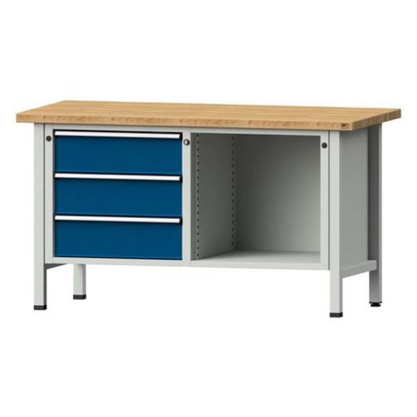 ANKE Kastenwerkbank Modell 103 V, 1500x700x840, Buche massiv, 3 Schubladen, offenes Fach, blau