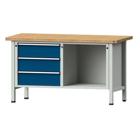 ANKE Kastenwerkbank Modell 103 V, 1500x700x840, Buche massiv, 3 Schubladen, offenes Fach, blau-0
