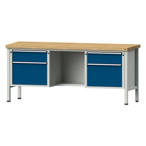 ANKE Kastenwerkbank Modell 419 V, 2000x700x890, Buche massiv, 4 Schubladen, offenes Fach, blau