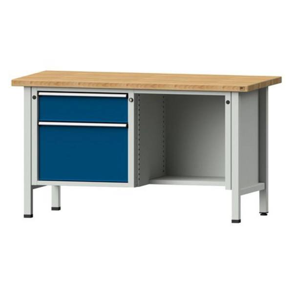 ANKE Kastenwerkbank Modell 409 V, 1500x700x840, Buche massiv, 2 Schubladen, offenes Fach, blau