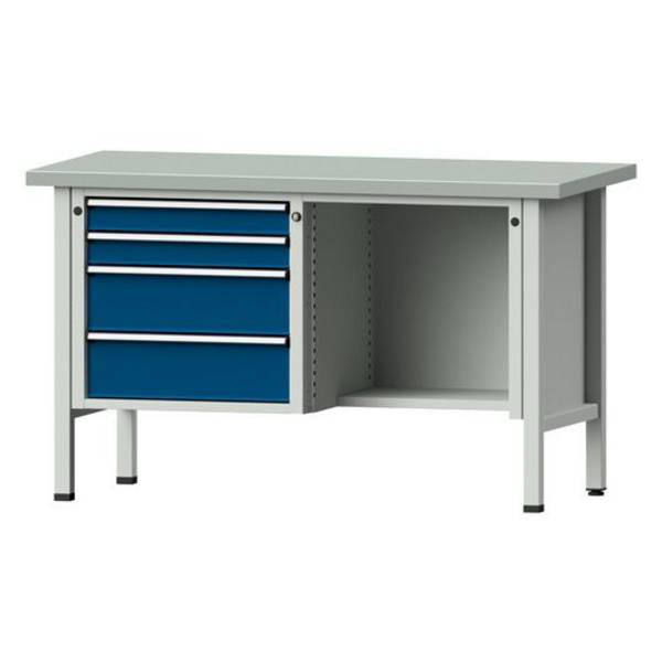 ANKE Kastenwerkbank Modell 334 V, 1500x700x890, Stahlplatte, 4 Schubladen, offenes Fach, blau