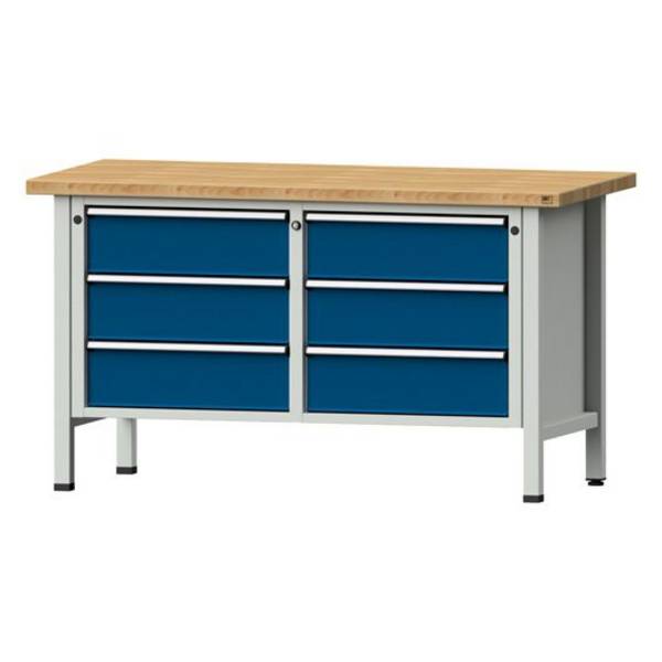 ANKE Kastenwerkbank Modell 108 V, 1500x700x840, Buche massiv, 6 Schubladen, blau